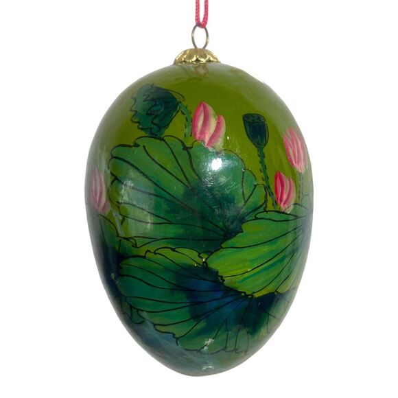 Goose Hand Painted Egg Vintage Christmas / Easter Ornament Green 4 in - Picture 3 of 8